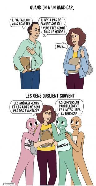 Illustrations : une femme fait face au préjugés d’un supérieur  sur les aménagements liés à son handicap. Il croit que ce sont des avantages