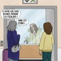 Illustration témoignage Ophélie : une jeune fille fait face aux préjugés dû à son âge, de la part d'une vieille dame car elle prend l'ascenseur à cause de ses douleurs