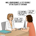 Illustration : cette femme exprime ces douleurs face à une médecin compréhensive, à l’écoute et prête à l'aider