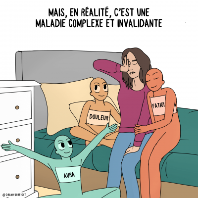 Mais en réalité, la migraine est une maladie complexe et invalidante, accompagnée de fatigue, aura, douleurs...