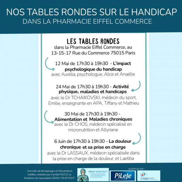 les différentes tables rondes qui se dérouleront dans le commerce de la Pharmacie Eiffel à Paris