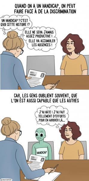 Illustration: une femme subit les préjugés sur le handicap durant un entretien